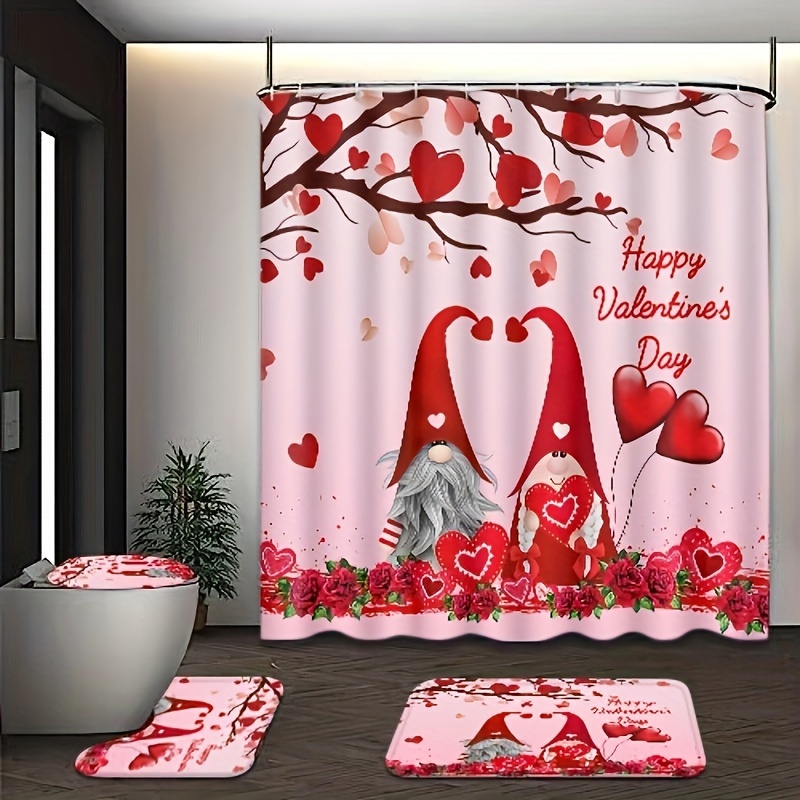 Heart Shower Curtain Valentine's Day Romantic Red Love Heart Dots Shower  Curtain for Girl Woman Polyester Bathroom Decor With Hooks 