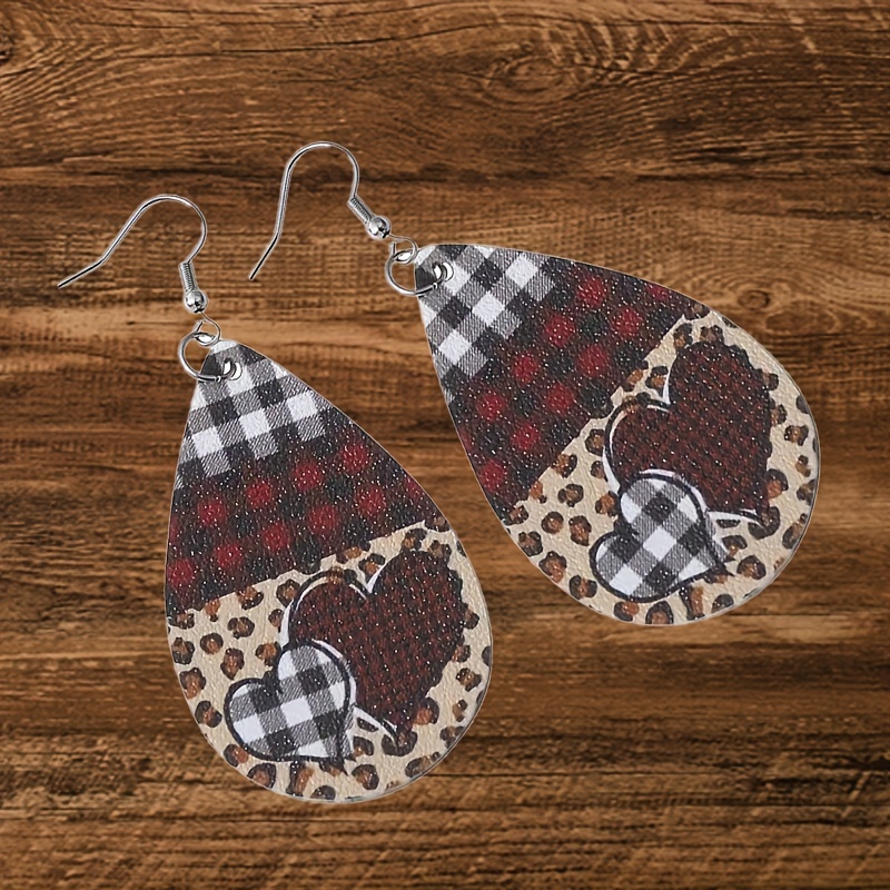 Leopard Pattern PU Leather LOVE Teardrop Shape Earrings For Men Gift