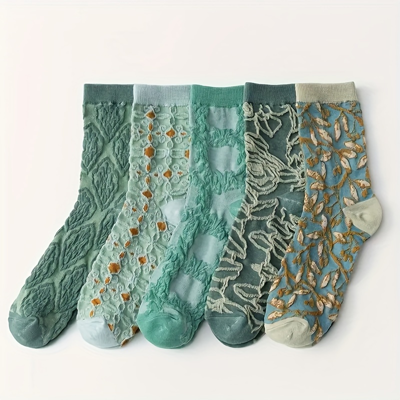 

5 Pairs Green Embossed Socks, Comfy & Trendy Mid Tube Socks, Women's Stockings & Hosiery