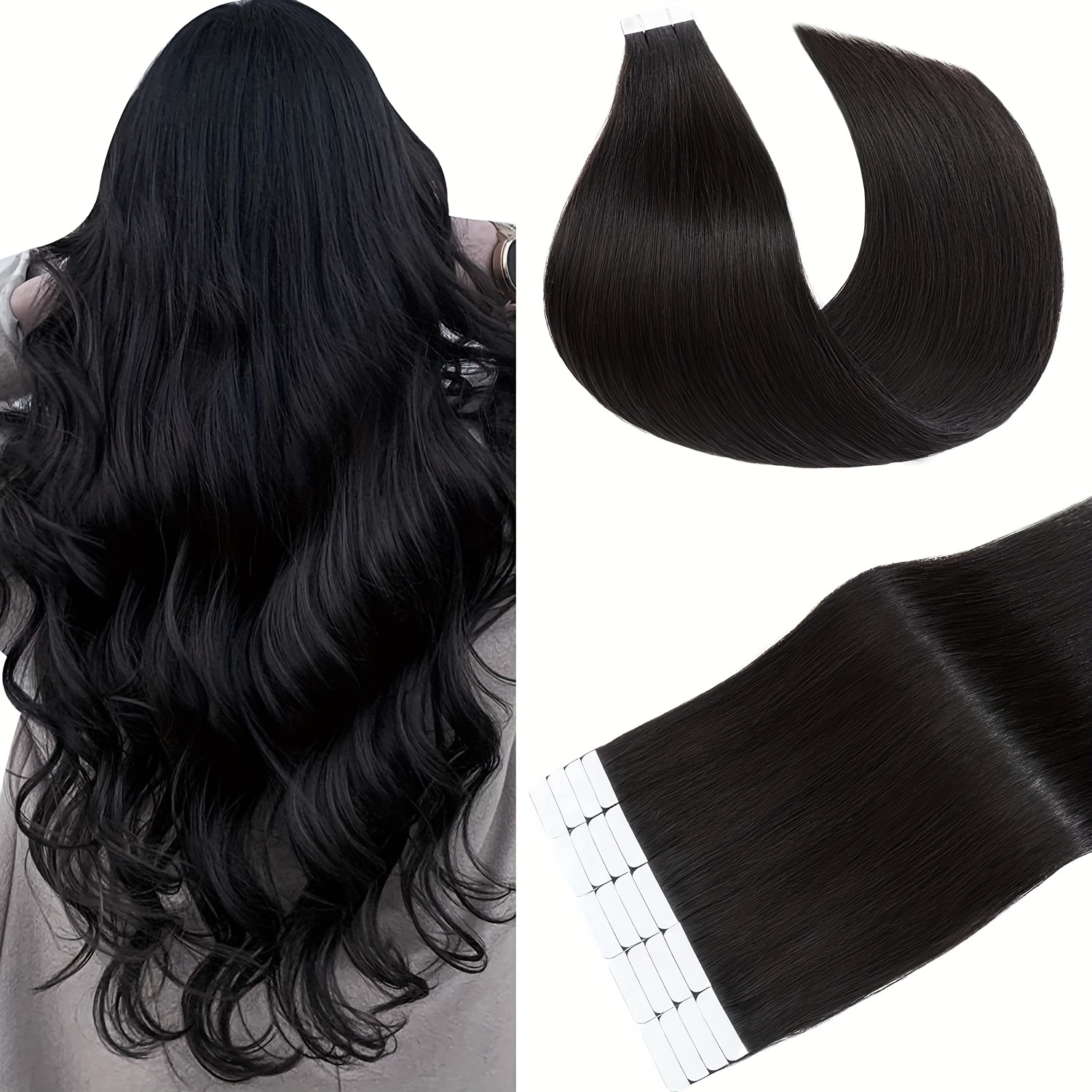 Tape In Straight Hair Extensions Natural Black Color Tape In - Temu