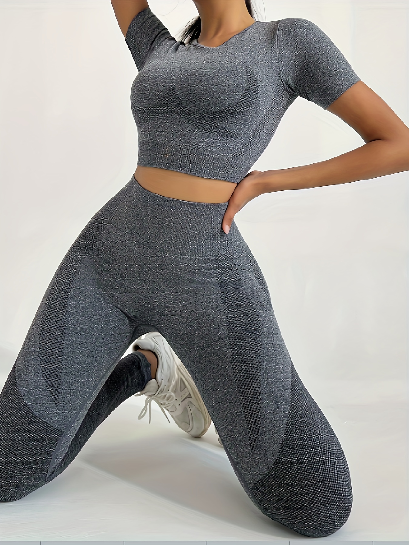 Women Yoga Sets Workout 2 Piece Outfit Seamless Running Crop Top High  Waisted Shorts Athletic Tracksuit Gym Clothes Sets Small Gray 