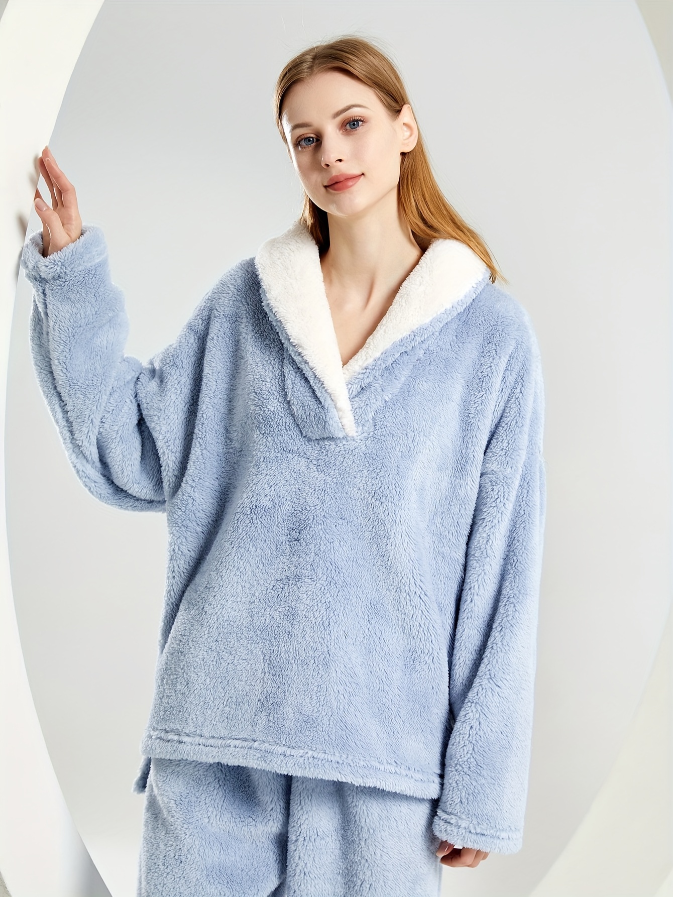 Solid Fuzzy Pajama Set Long Sleeve V Neck Top Elastic - Temu Canada