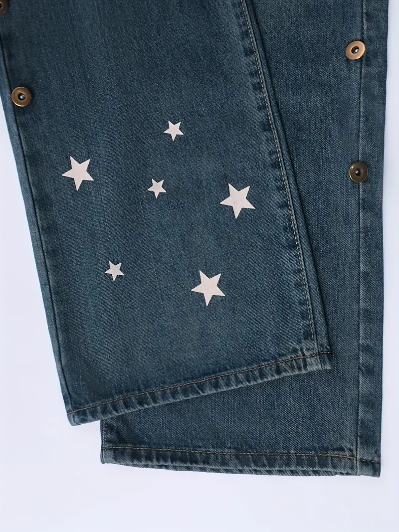 Star Pattern Washed Straight Jeans Loose Fit Slant Pockets - Temu Canada