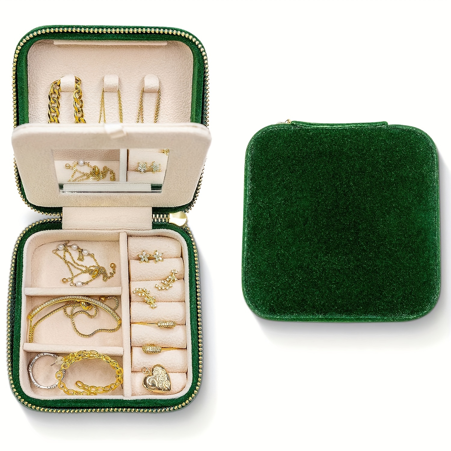 

Plush Velvet Travel Jewelry Organizer Box With Mirror, Women Travel Small Jewelry Valentine's Day Gift Display Package Storage Case