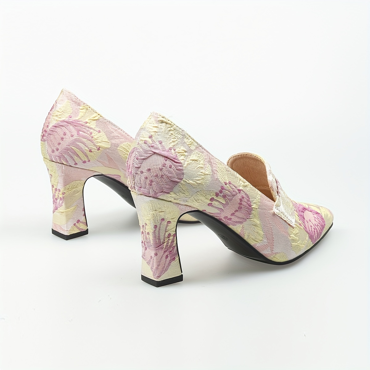 Women's Floral Embossed High Heels Pointed Toe Slip On Soft Sole Chunky Heels