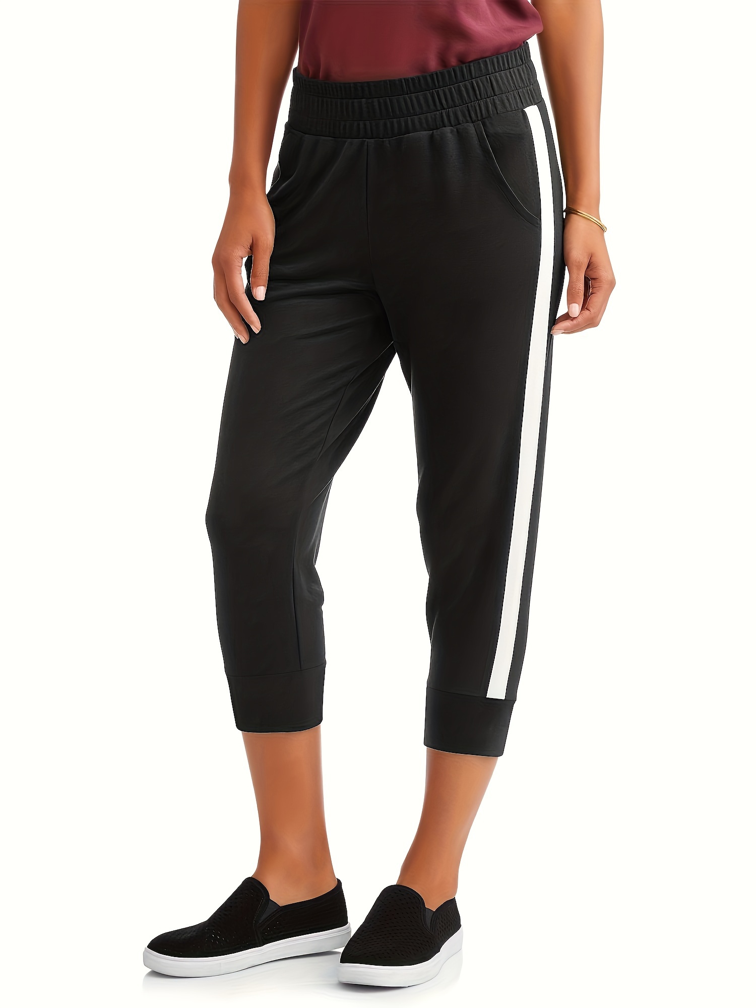 Women Capri Sweatpans Stretch Casual Joggers Pockets Stripes Cotton Crop  Pants