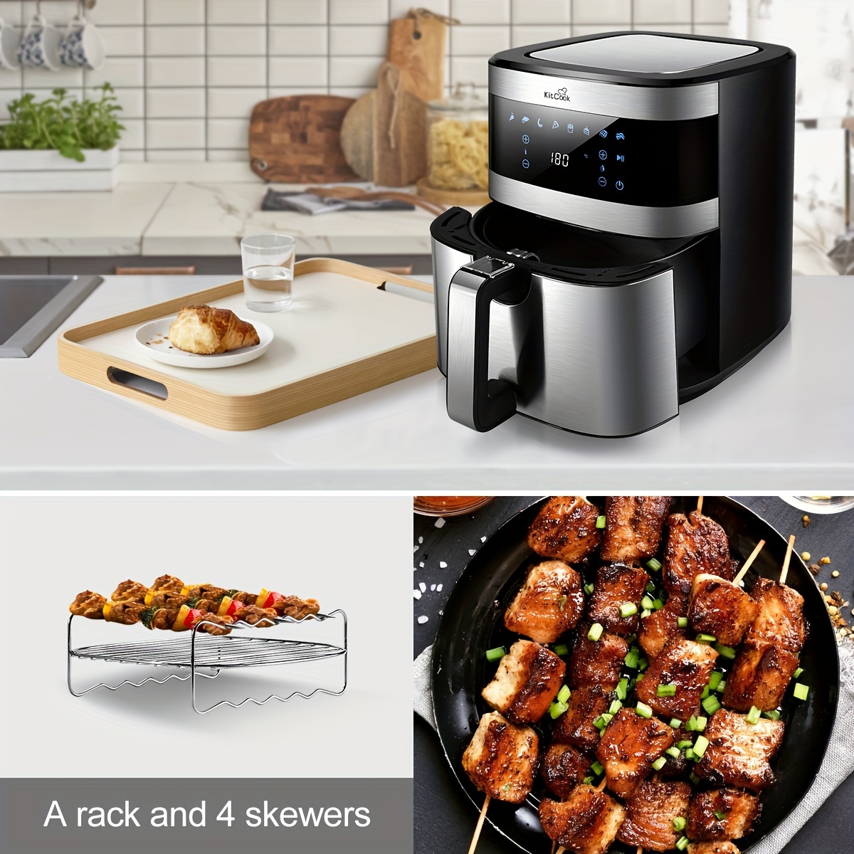 KitCook Large Air Fryer XL, 1500W 120V 6.8QT Stainless Steel Air Fryers  Oven, Nonstick Basket, LED Touch Screen, 8 Presets Menus, Dishwasher Safe  for Roaste/Bake/Grill with Racks & Skewers Recipes