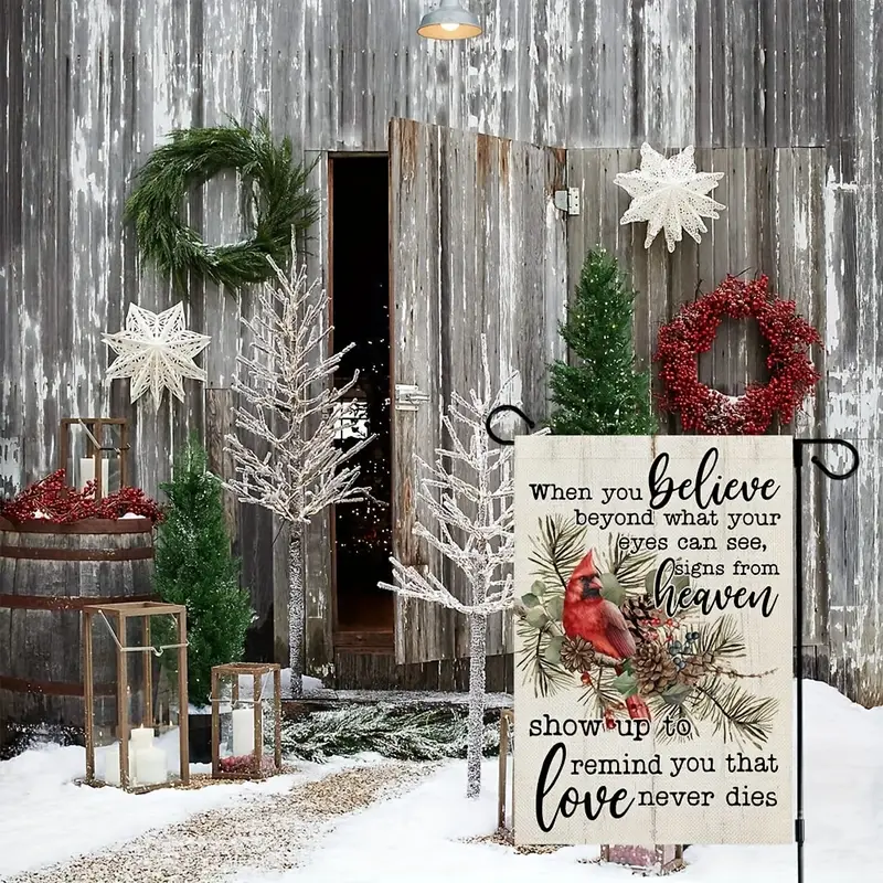 1pc 12x18 Inch Winter Cardinal Garden Flag Small Double Sided Yard Decorative Holiday Seasonal Outside Welcome Burlap Farmhouse Decoration No Metal Brace details 4