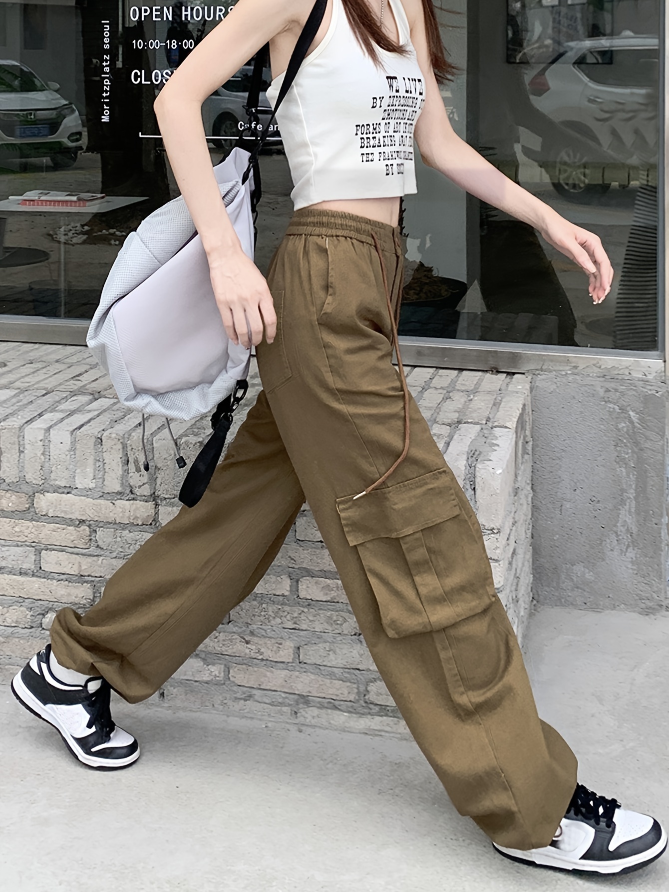 Solid Floor Length Cargo Pants Casual Drawstring High Street - Temu Canada