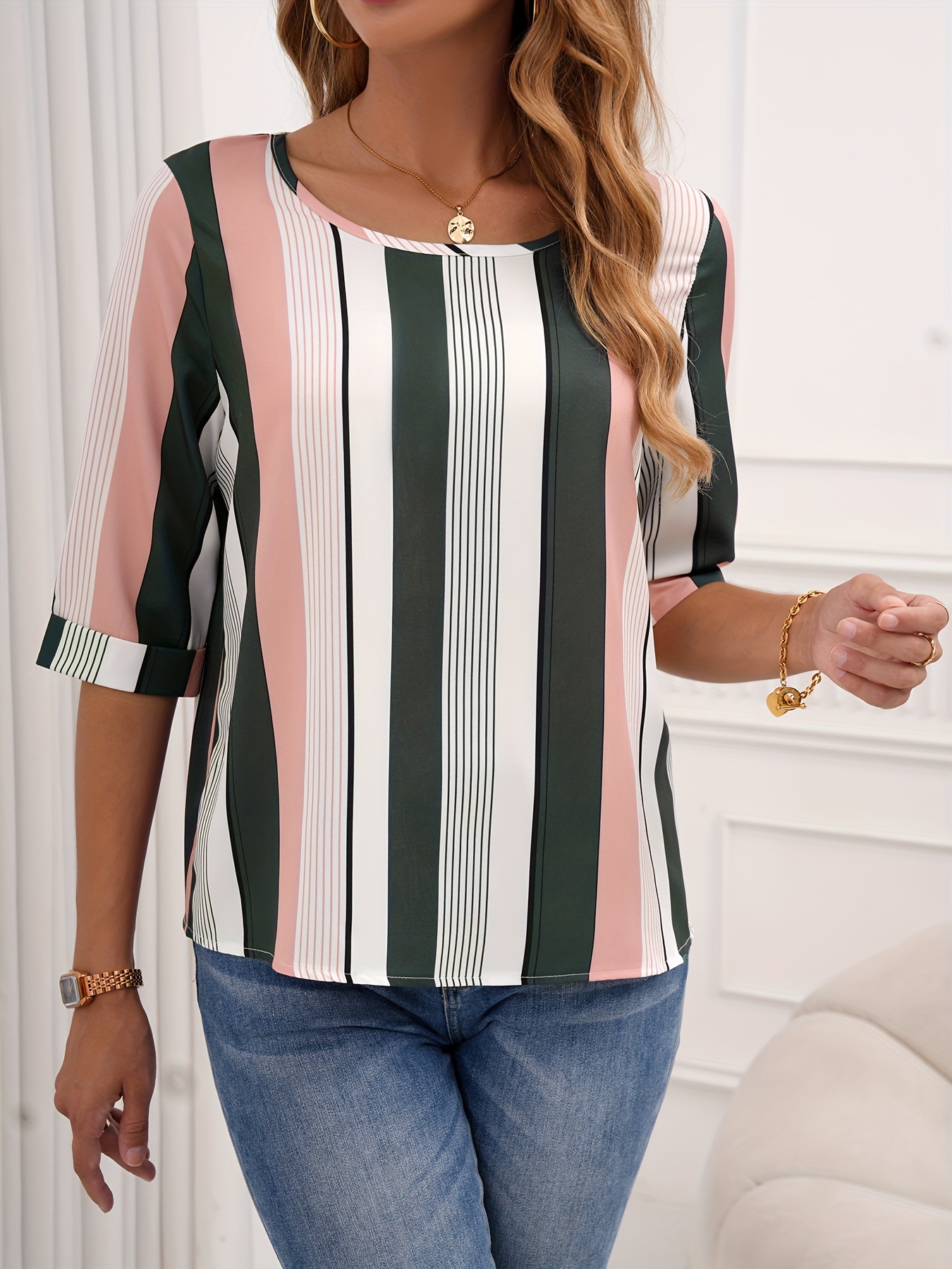 RQYYD Clearance Womens Tops Stripe Tees Casual 3/4 Sleeve Blouse