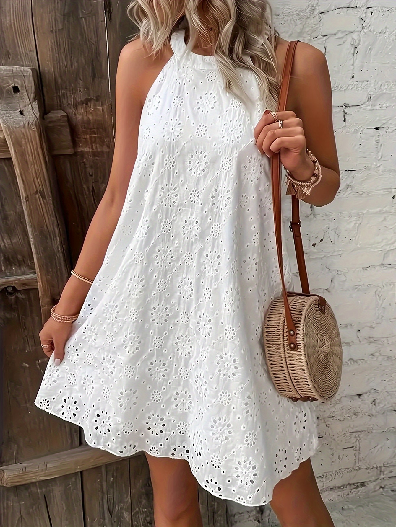 White Embroidered Halter Dress