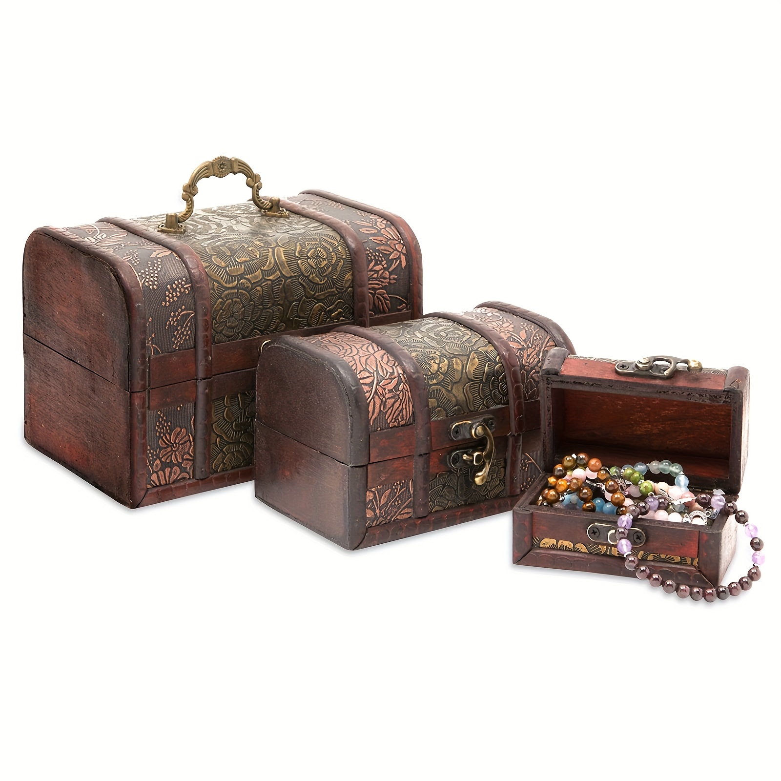 

3pcs Antique Wooden Storage Box, Decorative Antique Style Luggage For Jewelry Collection, Home Decor, Christmas Gifts, Thanksgiving Gifts, New Year Gifts, Men's Gifts, Women's Gifts, Jewelry Boxes