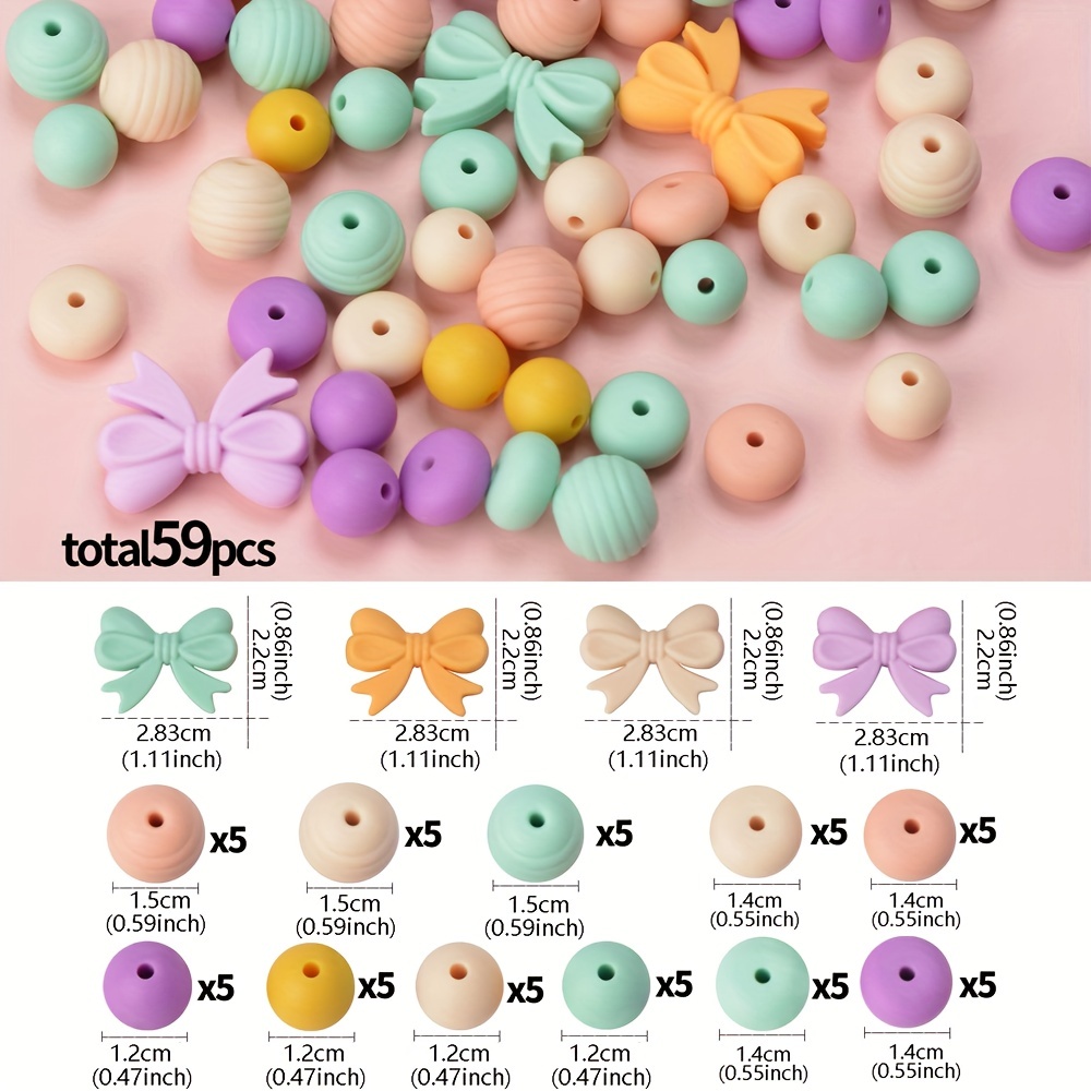 59PCS Silicone Beads, Mixed Beads for Keychian Making Craft Set Jewelry,  12mm Rubber Beads, 15mm Colorful Round Silicone Beads Bulk Assorted Beads