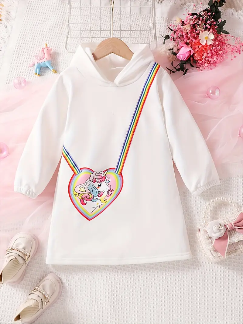 unicorn message bag appliques graphic girls casual long sleeve hooded dress pullover toddler kids clothing details 6