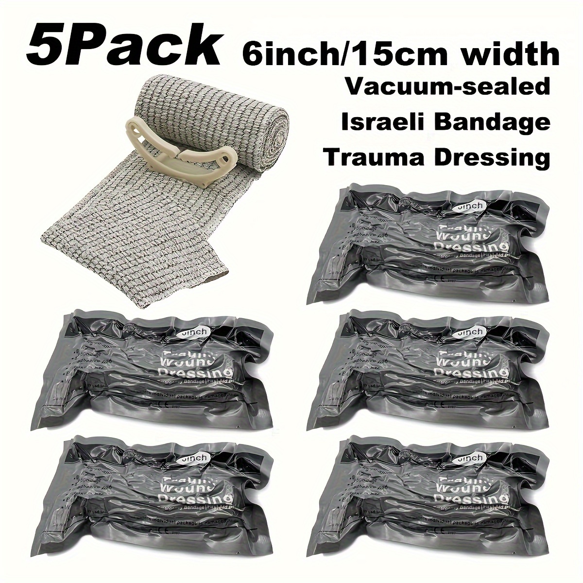 RHINO RESCUE 6 Israeli Style Emergency Bandage, Compression Trauma Wound  Dressing, Medical Sterile Vacuum Sealed, Combat Tactical First Aid Kit IFAK
