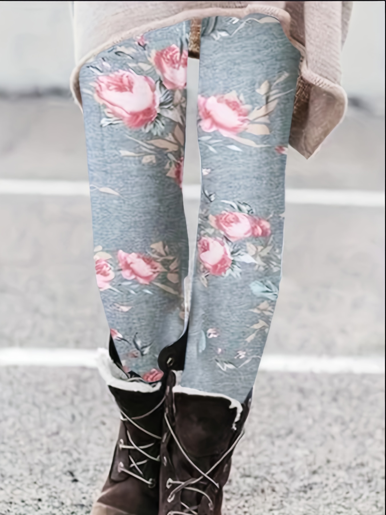 Floral Print Skinny Leggings Casual Elastic Waist Stretchy - Temu