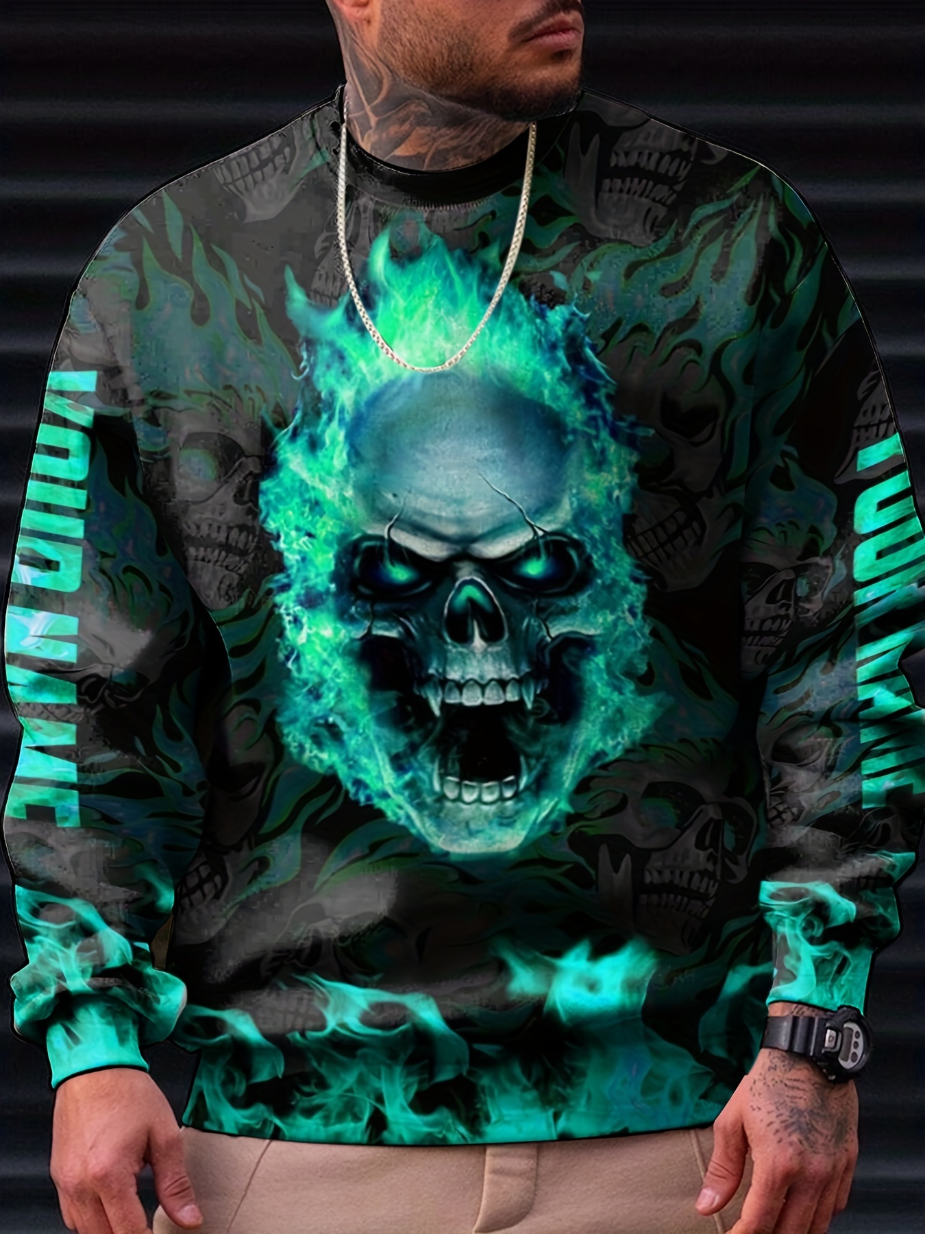 Skull Fire Print Trendy Sweatshirt Men's Casual Graphic - Temu Canada