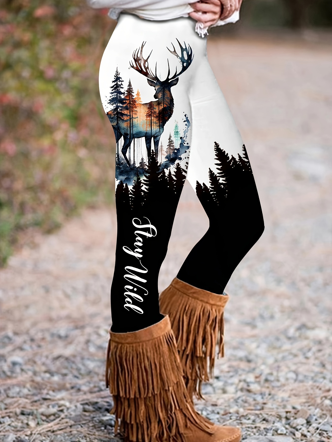 Elk Print High Waist Leggings, Casual Skinny Stretchy Leggings, Women's  Clothing