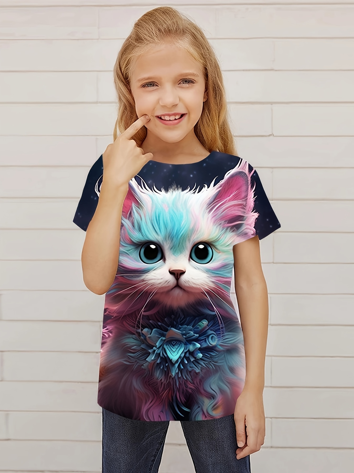 Beautiful Cat Graphic Short Sleeve T shirt Girls Versatile - Temu Australia