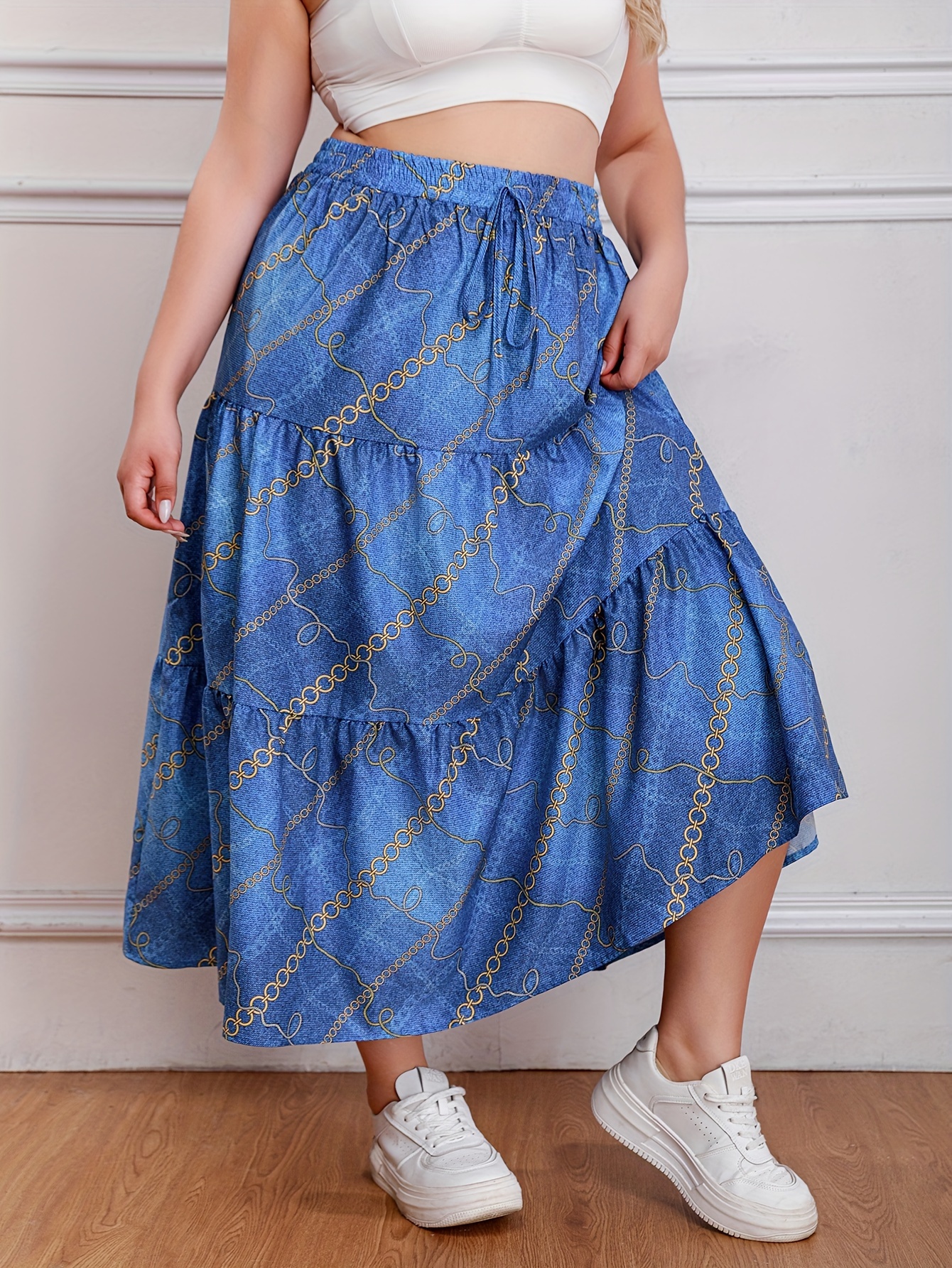 Plus Size Casual Skirt Women's Plus Chain Denim Print - Temu Australia