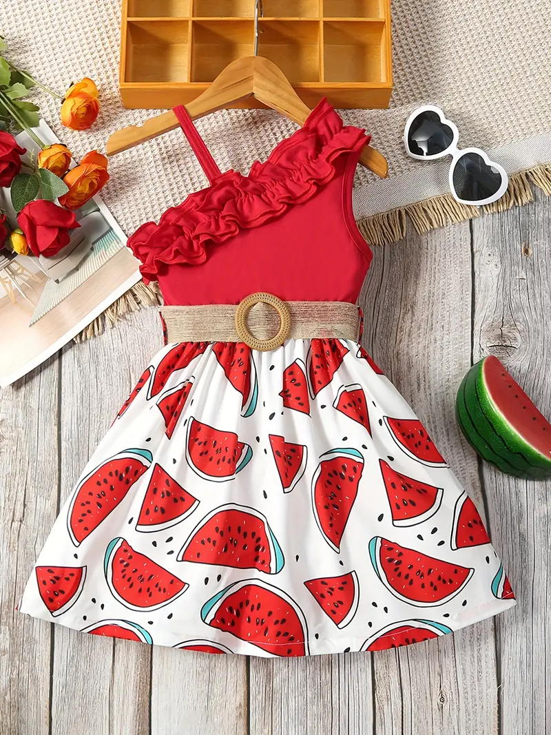 toddler girls asymmetrical neck ruffle trim one shoulder sunflower graphic belted princess dress for party beach vacation kids summer clothes details 6