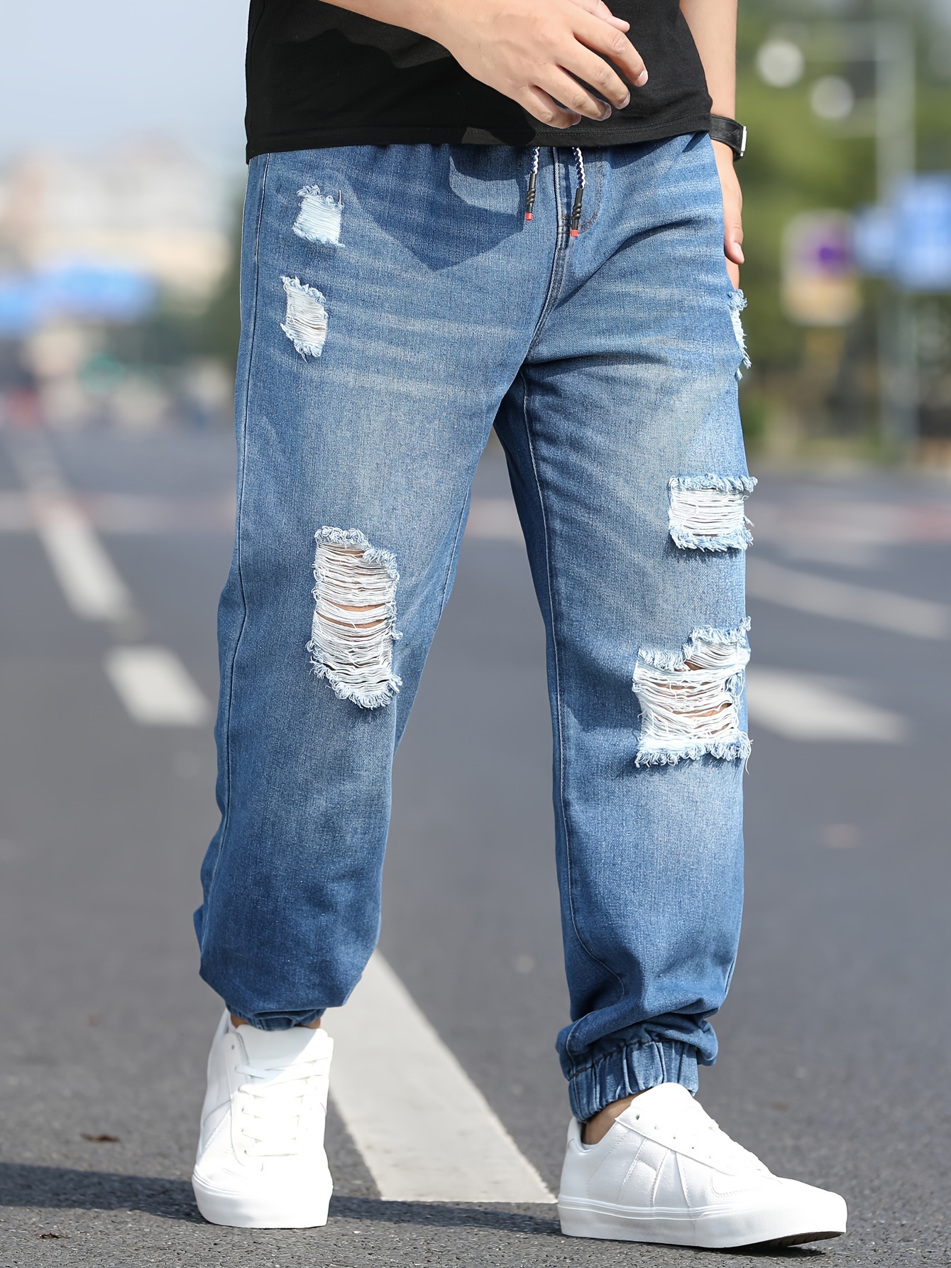 Calça Jeans Rasgada Slim Fit Masculina, Calça Jeans Casual Estilo Rua Para  Motociclista