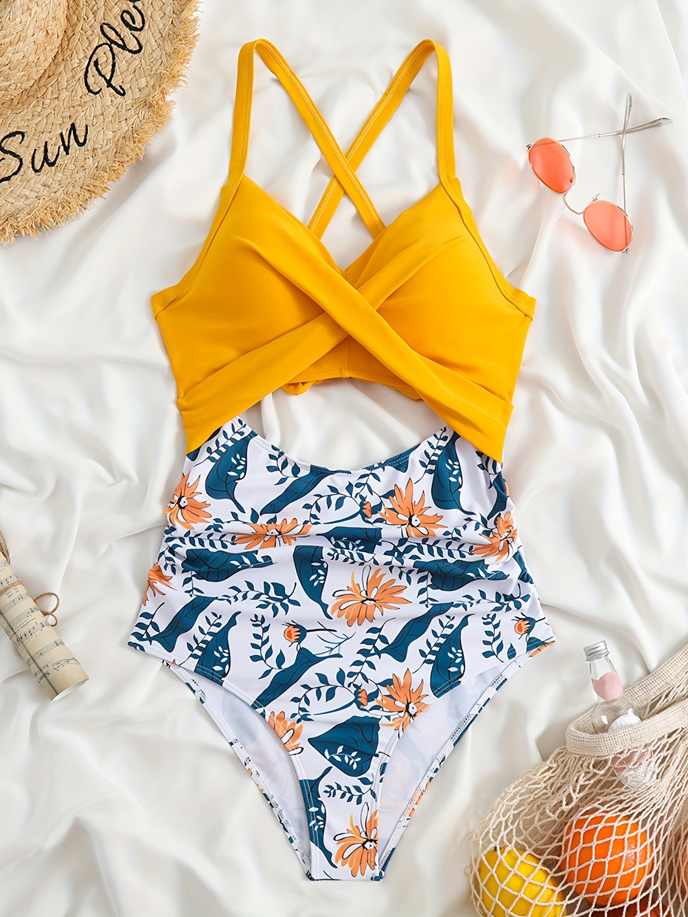 Girls Sunflower Print Cut-out One Piece Swimsuit