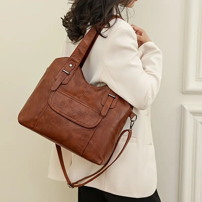 retro solid color tote bag soft leather pu bag womens stylish shoulder bag with zipper Product details 1