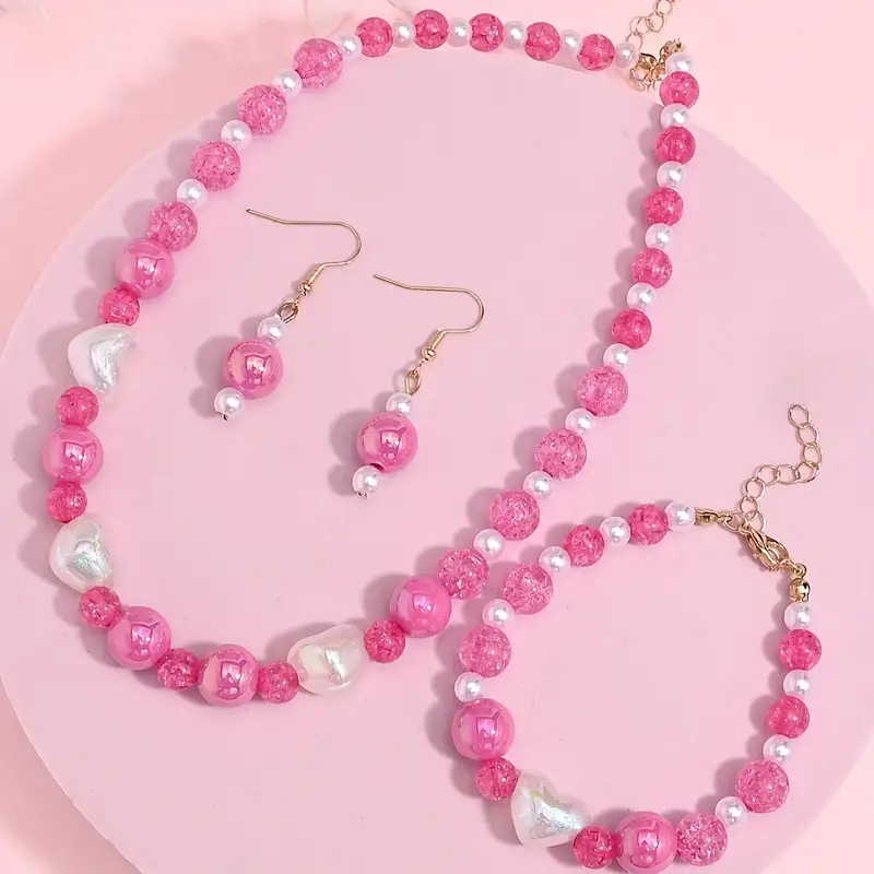 4pcs Earrings + Necklace + Bracelet Coquette Style Jewelry Set Made Of Pink  Beads Match Daily Outfits Sweet Gift For Female