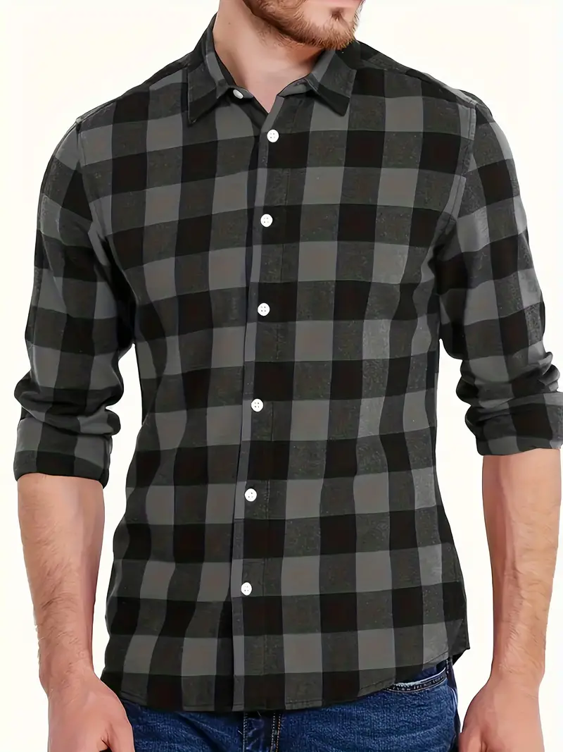 Men's Outfits Casual Plaid Lapel Button Long Sleeve Shirt - Temu