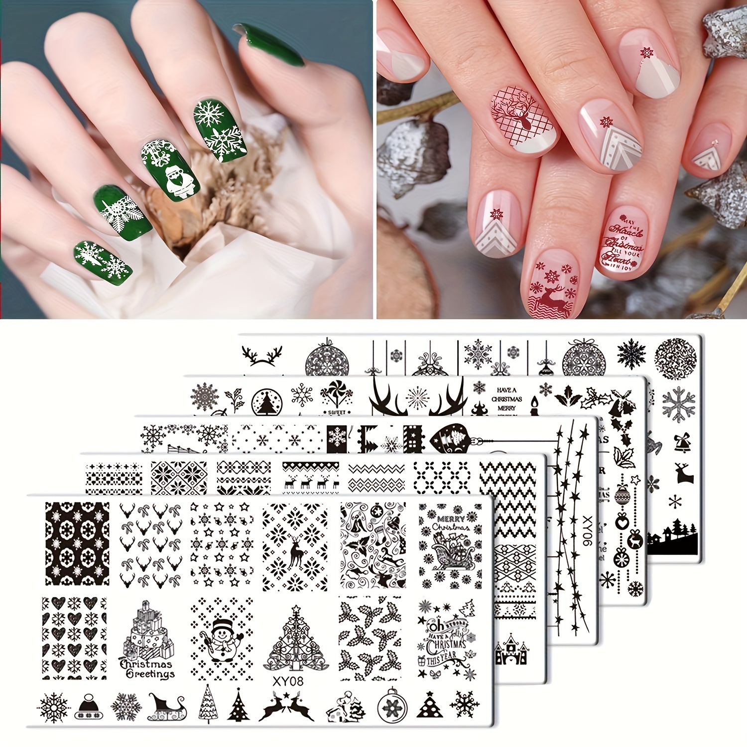 Christmas Nail Stamping Plate 6Pcs Christmas Nail Stamper Kit Snowflake  Christmas Tree Elk Snowman Design Nail Art Stencils Plates with 1 Scraper 1