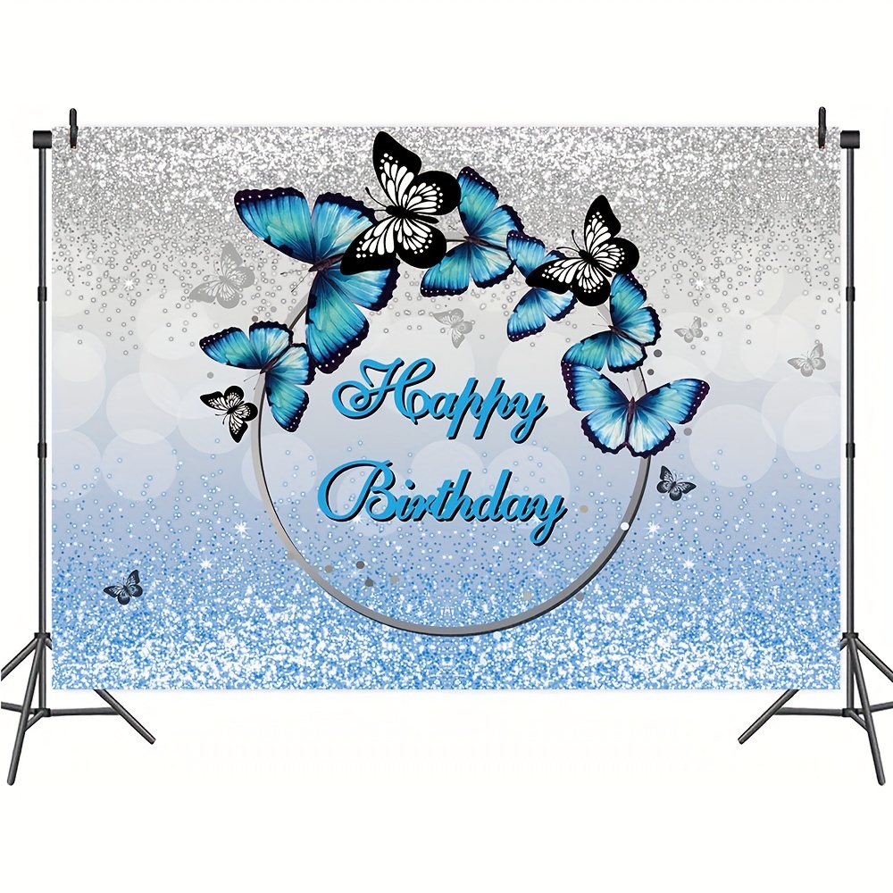 1pc, Blue Happy Birthday Photography Backdrop, Vinyl Silver Glitter  Butterfly Pattern Decoration Supplies Cake Table Banner Photo Booth Props  209.8X14