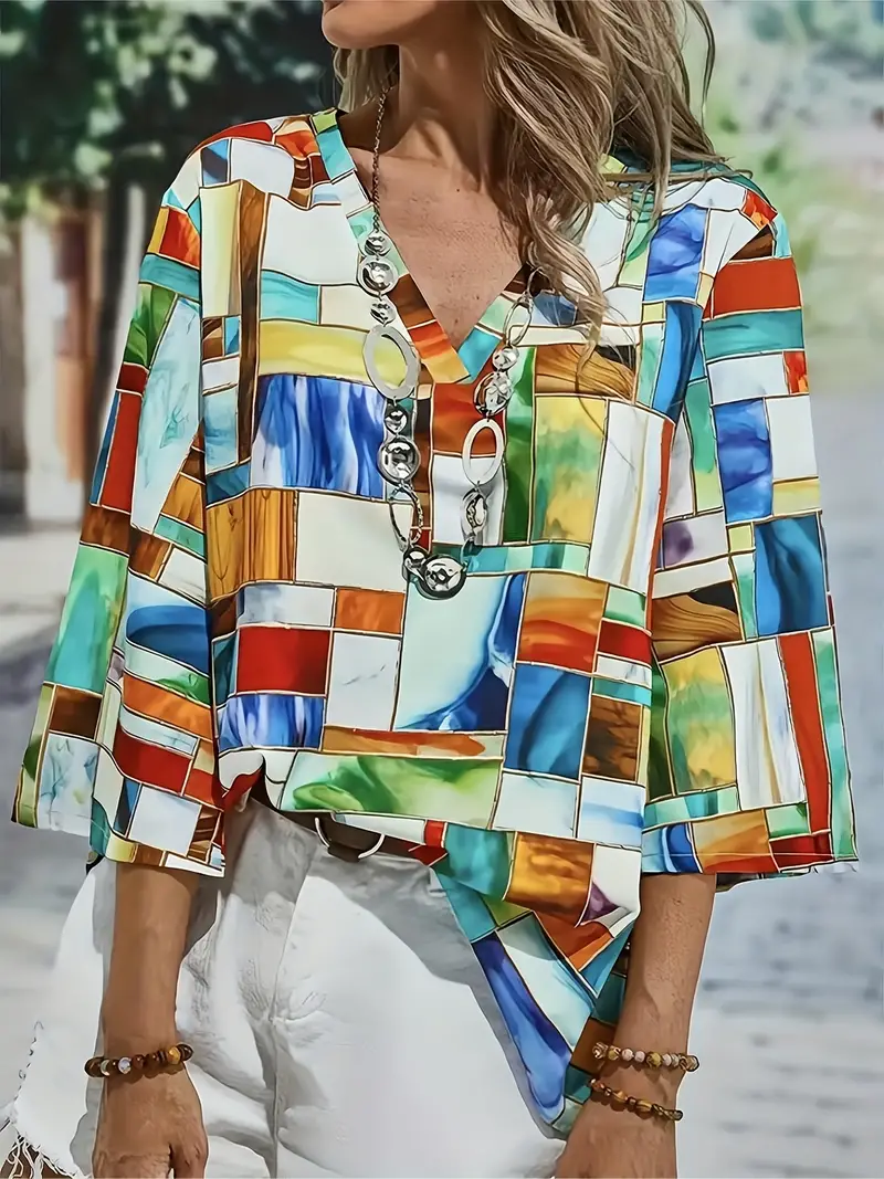 Colorful Patchwork Blouse, Casual V Neck 3/4 Sleeve Comfy Blouse, Women's  Clothing