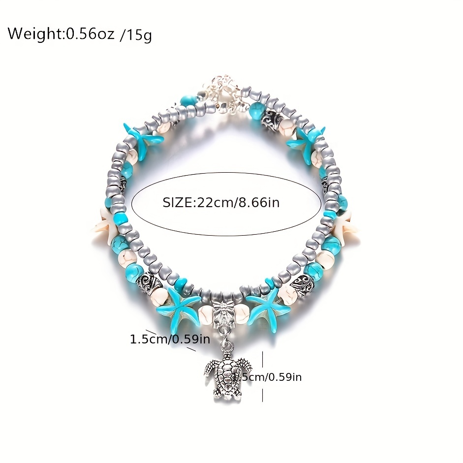 Zoestar Boho Starfish Turtle Anklet Ankle Bracelet Beaded Foot Accessories  Double Layer Jewelry for Women and Girls(Silver/1Pc)