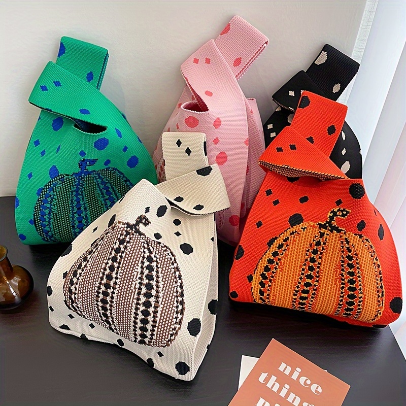 

Cute Pumpkin Knitted Handbag, Aesthetic Crochet Bag, Women's Knotted Wrist Bag