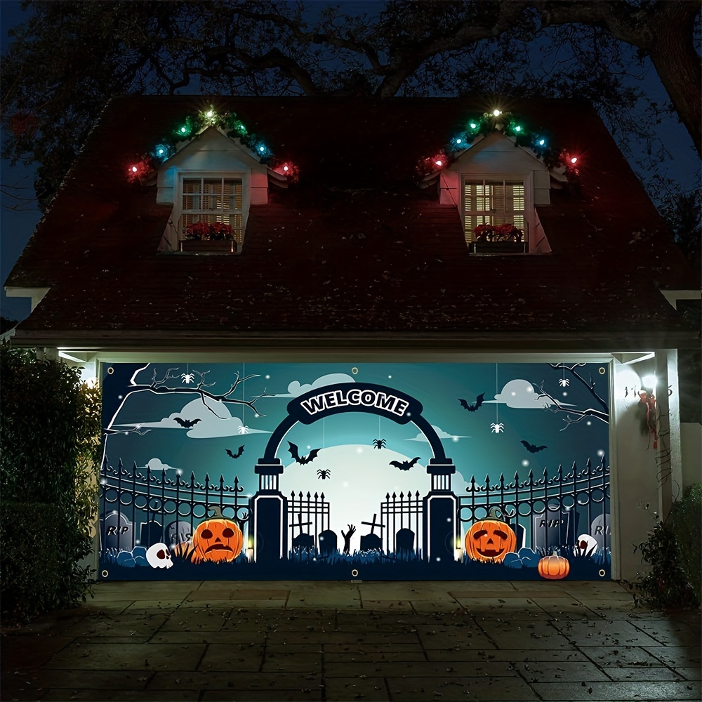 1pc happy halloween garage banner 157in 71in 400cm 180cm scary yard pumpkin pattern garage door decoration polyester with holes with rope hanging cloth mural door decoration for indoor outdoor yard holiday party backdrop arrangement details 0