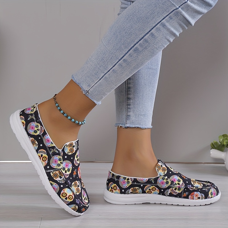 Colorful Skull Pattern Canvas Slip On Loafers Halloween Shoes