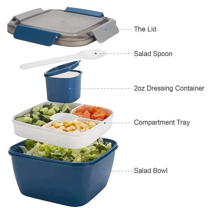1pc Salad lunch container, bento box 1.1L salad bowl, with 3 compartments,  for salad toppings and back to school snacks