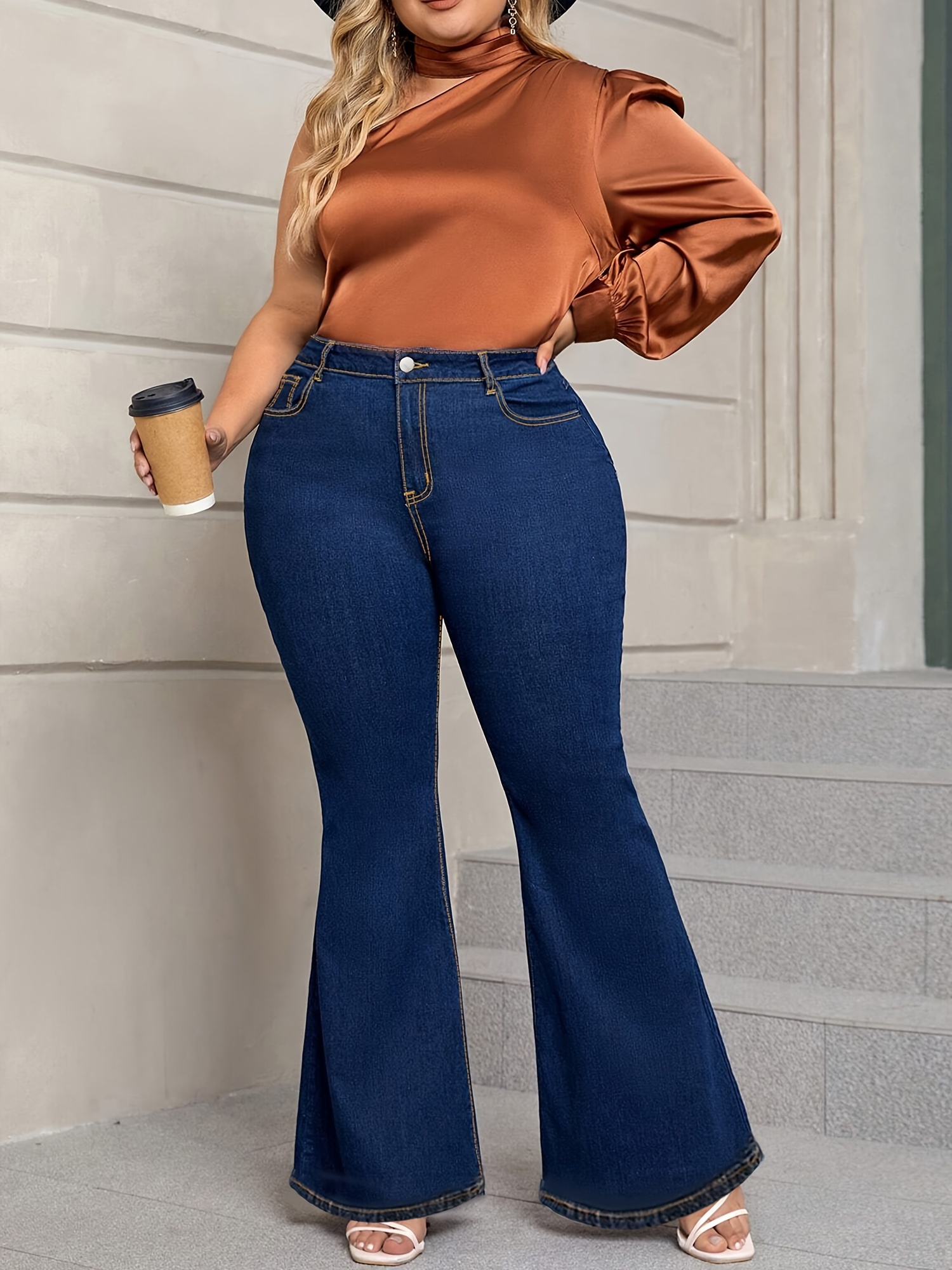 Plus Size Slant Pockets Flared Jeans, High Waist Stretchy Denim Pants,  Women's Denim Jeans Clothing