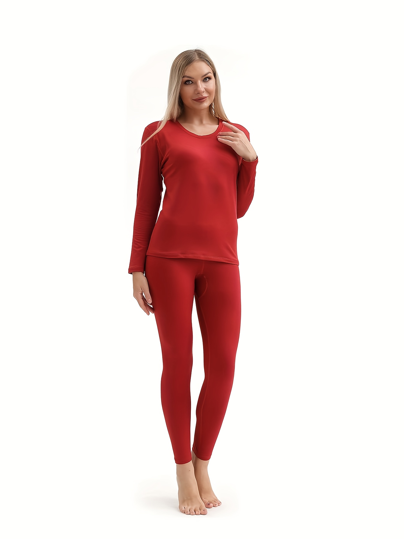 Women Thermal Underwear Winter Cold Weather Basic Thermal Underwear Velvet  Comfortable Top Round Neck Long Sleeve Solid Color Base Clothing  Comfortable Casual Red XL 