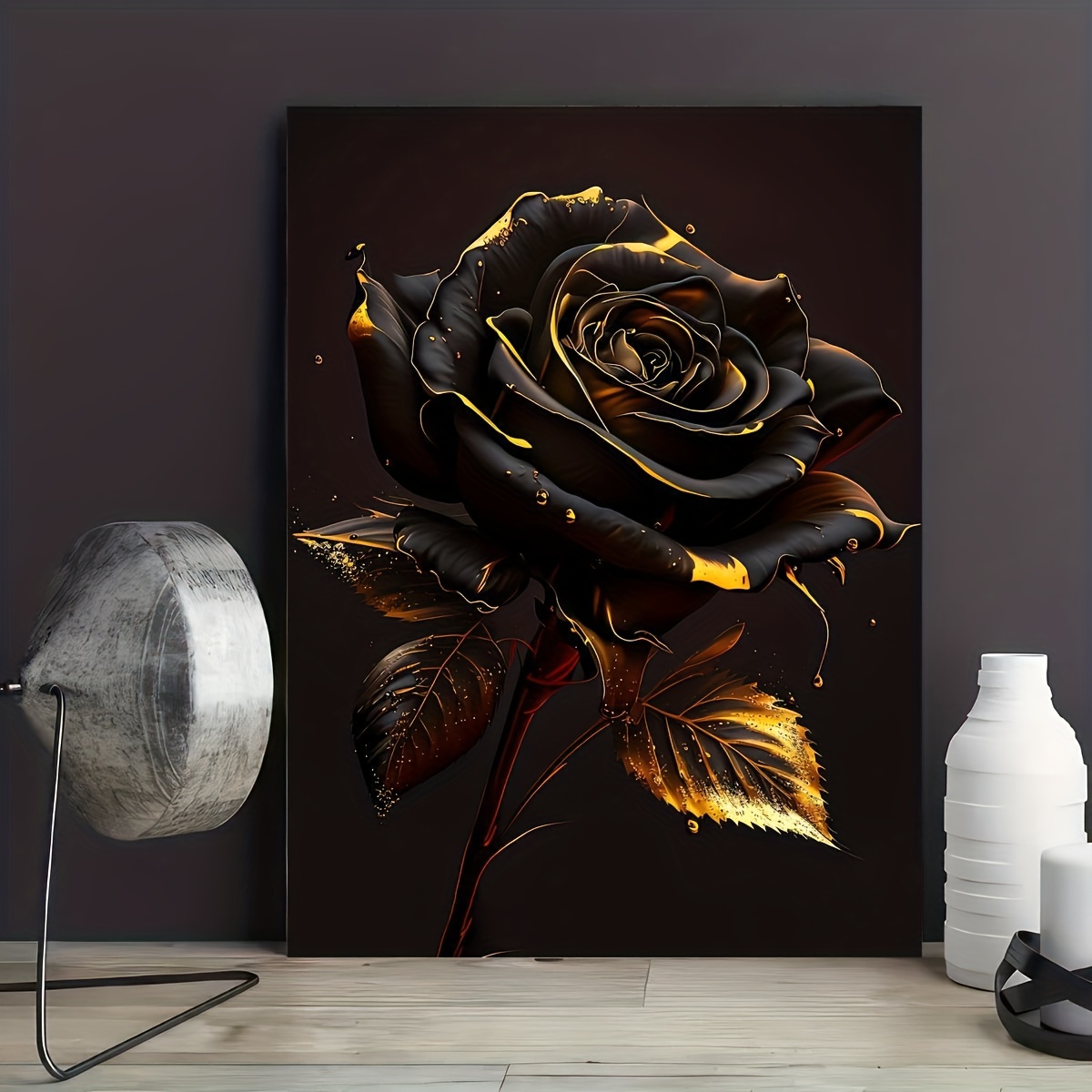 Fantasy Poster Canvas - Black Temu Golden Rose Flower Poster Poster