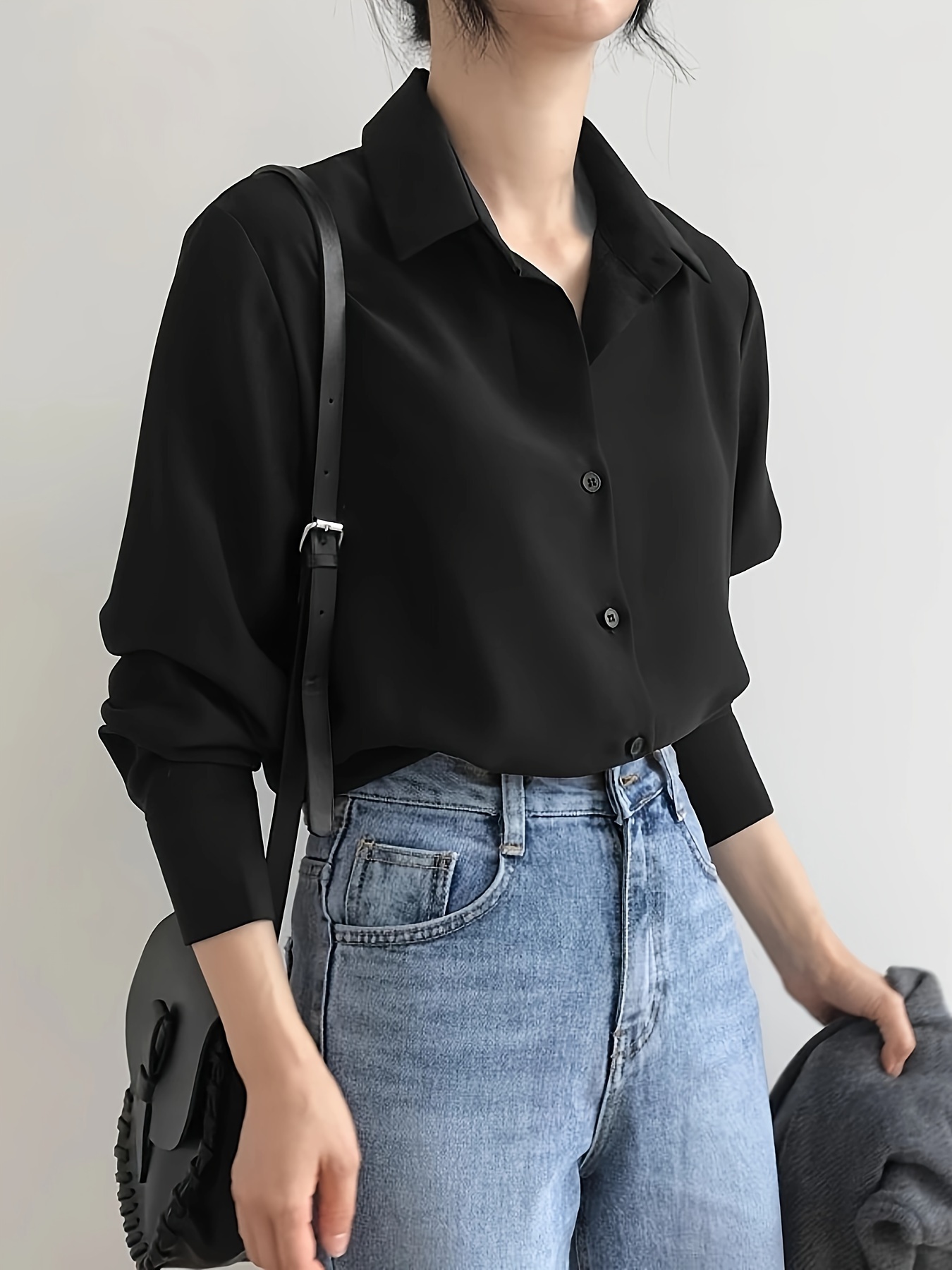 womens black chiffon shirt loose fit collar blouse season - Temu