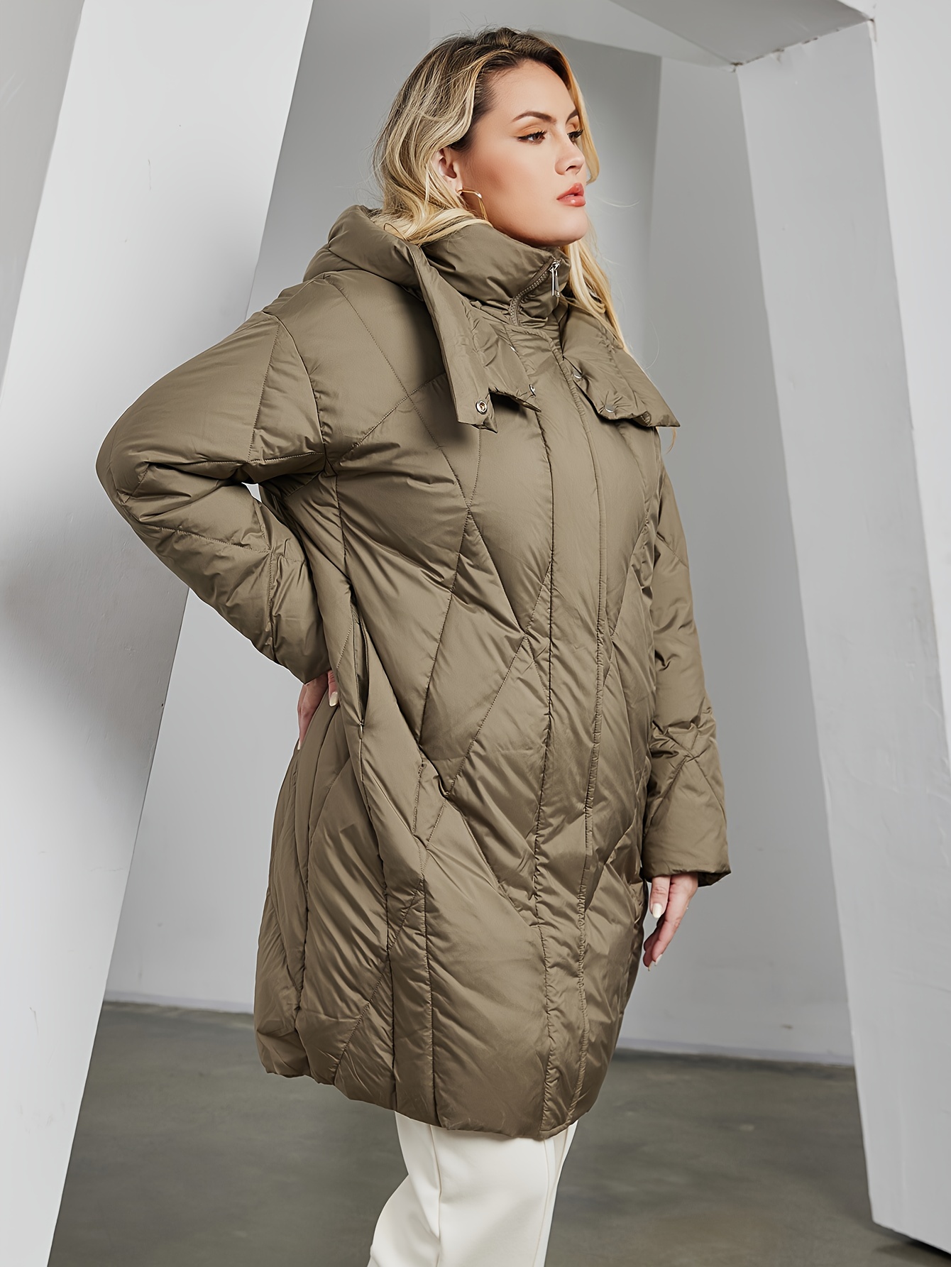 Plus Size Casual Puffer Coat, Women's Plus Solid Quilted Long Sleeve Zip Up  Snap Buttons High Collar Hooded Tunic Puffer Coat