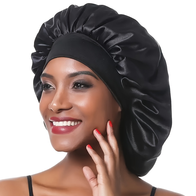 Bonnet de nuit en satin, bonnet de nuit, bonnet de nuit extensible à large  bande, bonnet de nuit de protection des cheveux longs des filles (noir) 