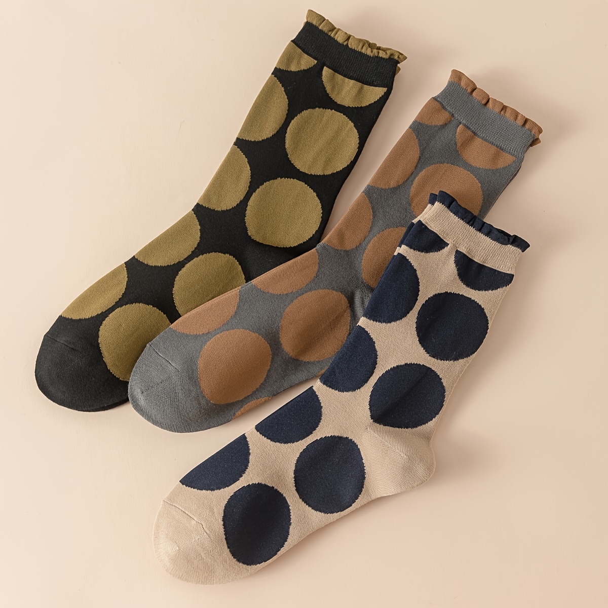 

3 Pairs Polka Dot Print Socks, Comfy & Breathable Lettuce Trim Socks, Women's Stockings & Hosiery