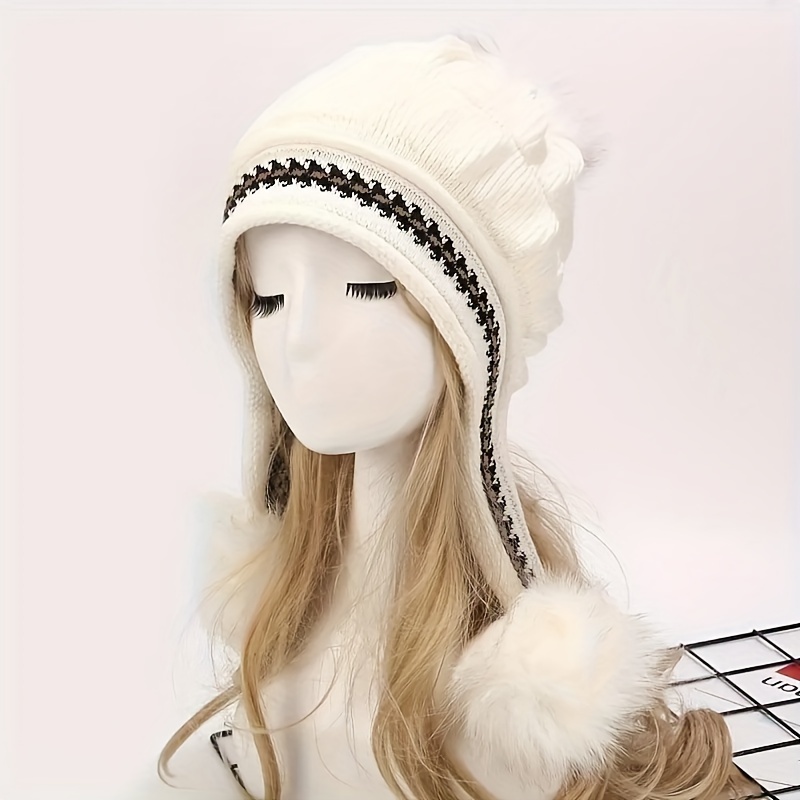 Trendy Jacquard Earflap Fleece Beanie Solid Color Coldproof - Temu Canada