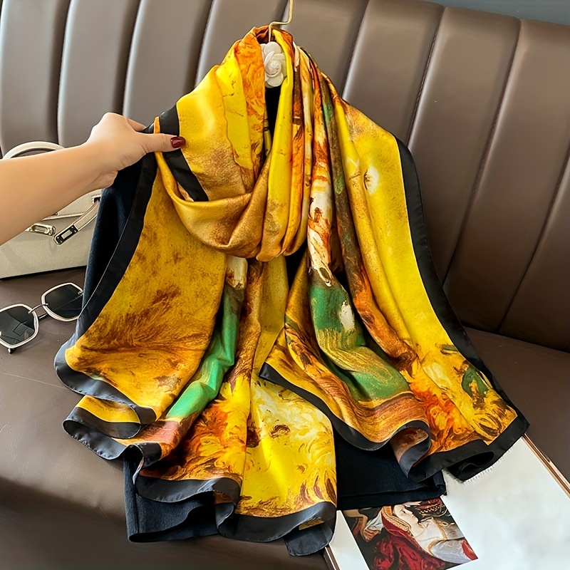 Leopard Print Satin Scarf Classic Oil Painting Pattern Shawl