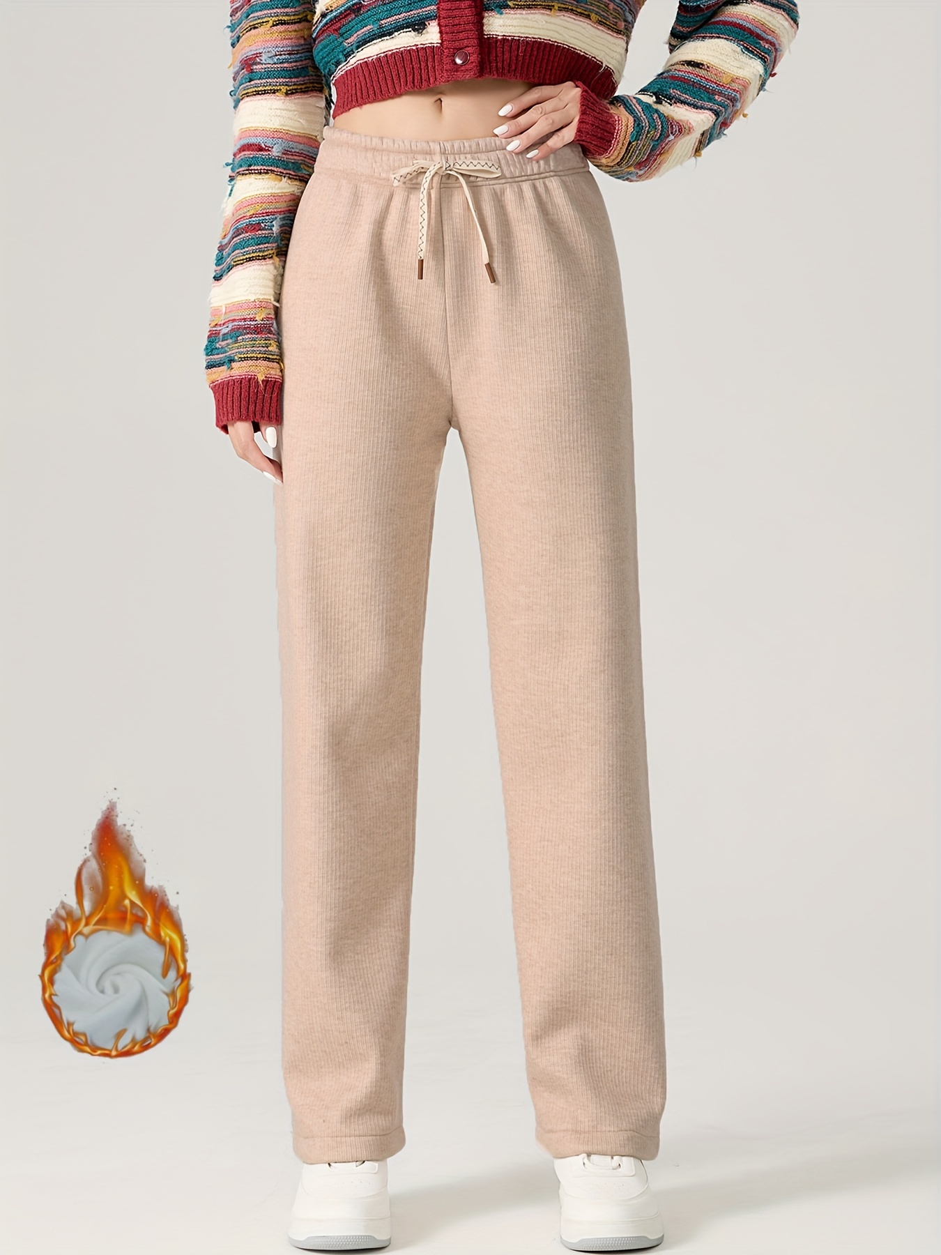 Casual Solid Color Fuzzy Fleece Loose Casual Pants Women's - Temu Canada