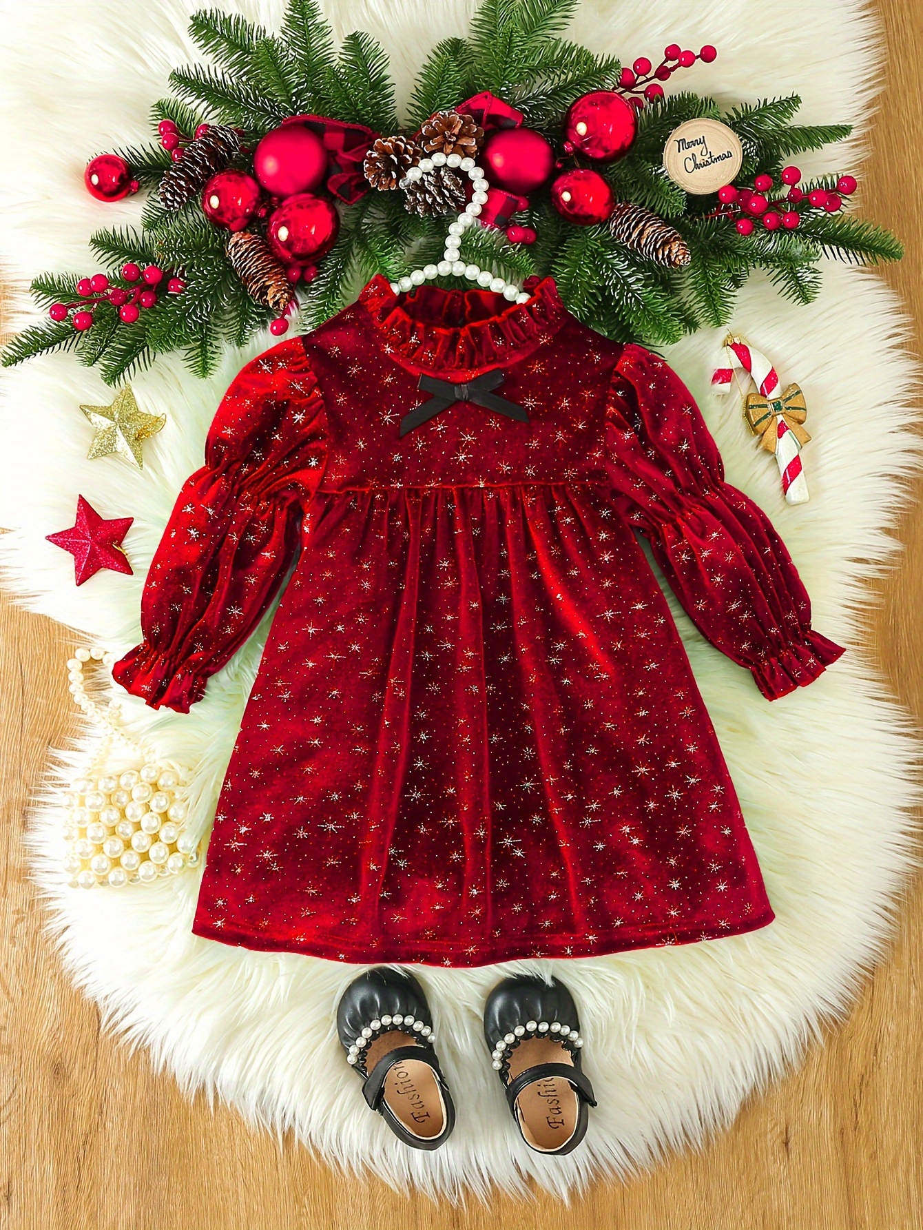 Christmas 2pcs Baby Letter Embroidered Glitter Snowflake Red Long-sleeve Mesh Dress Set