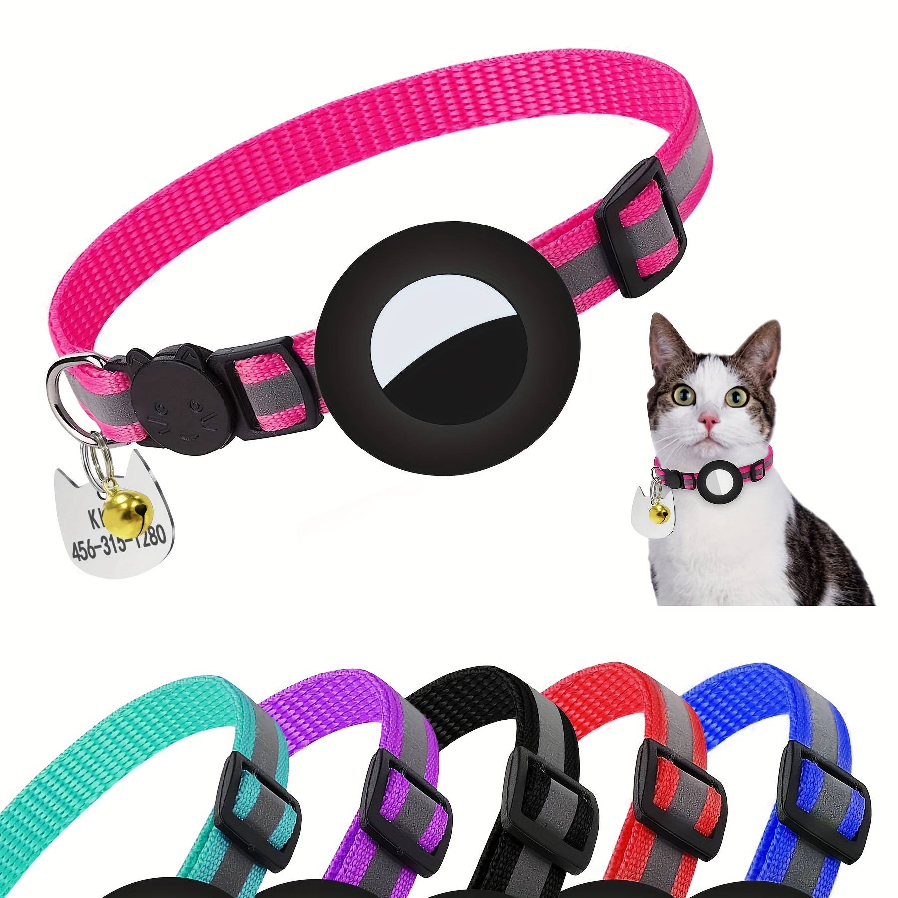 FEEYAR - Collar reflectante para gato, collar de gato integrado con AirTag  para Apple, collar de cuero con GPS para gato con soporte AirTag y campana